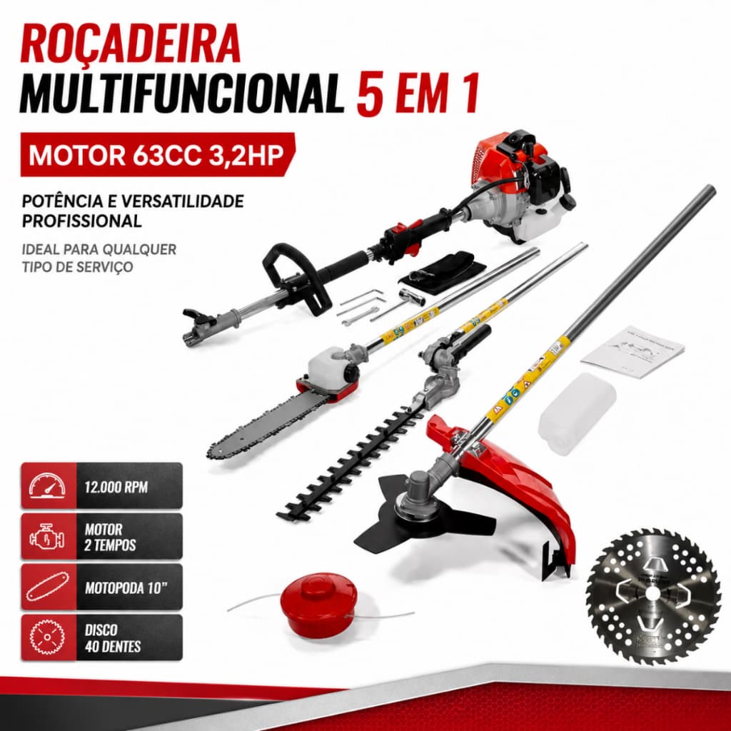 Roçadeira Multifuncional 5 Em 1 63cc Gasolina Motopoda Cerca Viva E Roçadeira NK630-5 Profissional