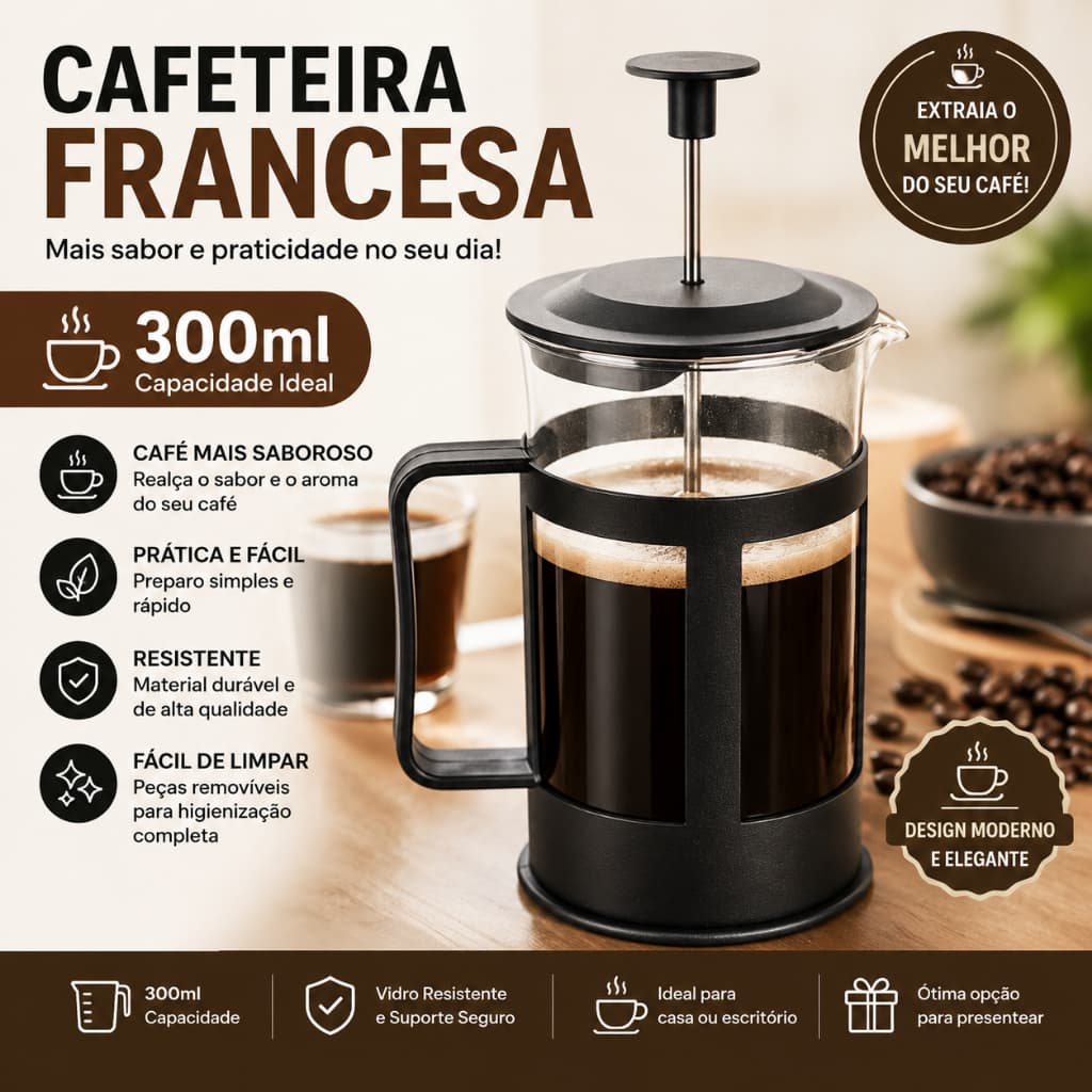 Cafeteira Francesa 300ml Prensa Manual Café Gourmet Mais Sabor e Aroma em Cada Xícara