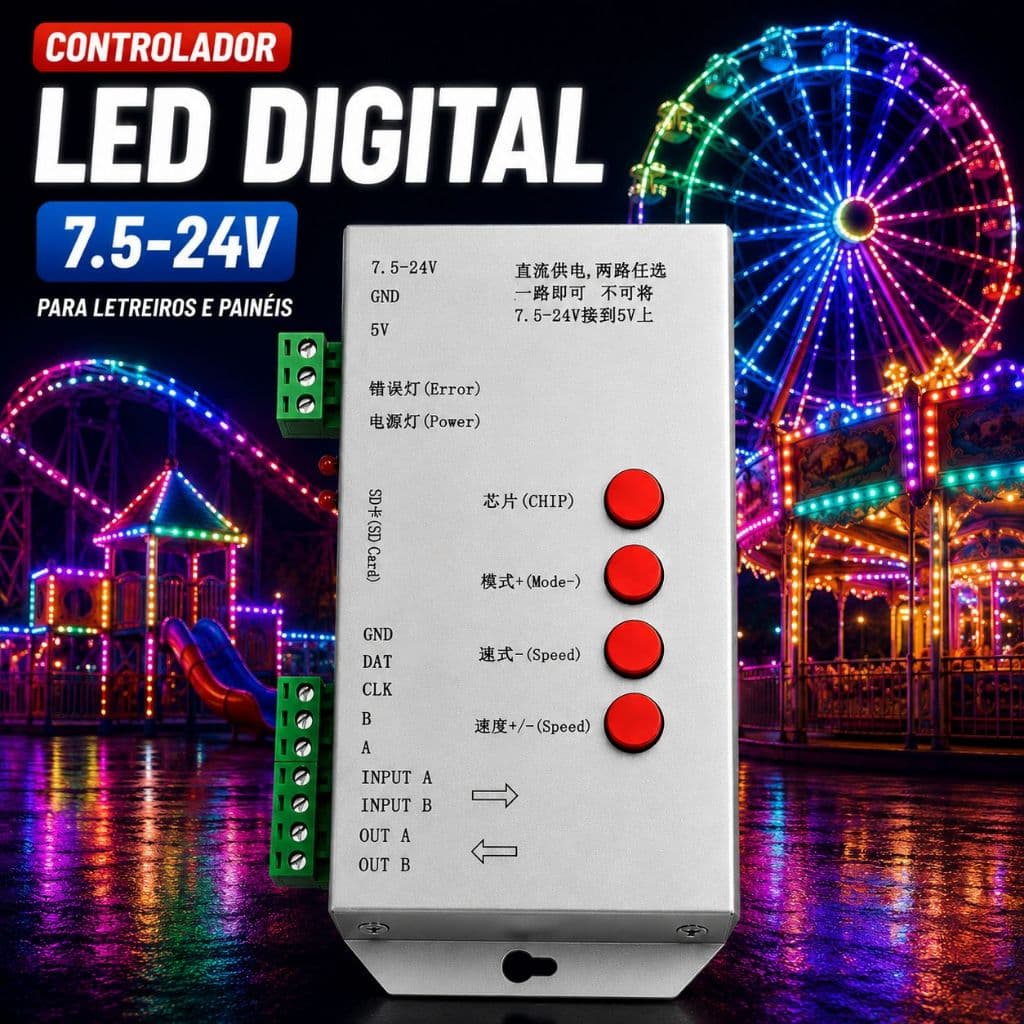 Controladora Para Fita Led Endereçável T1000S Com Cartão 256mb Compátivel Com WS2811 e WS2812B