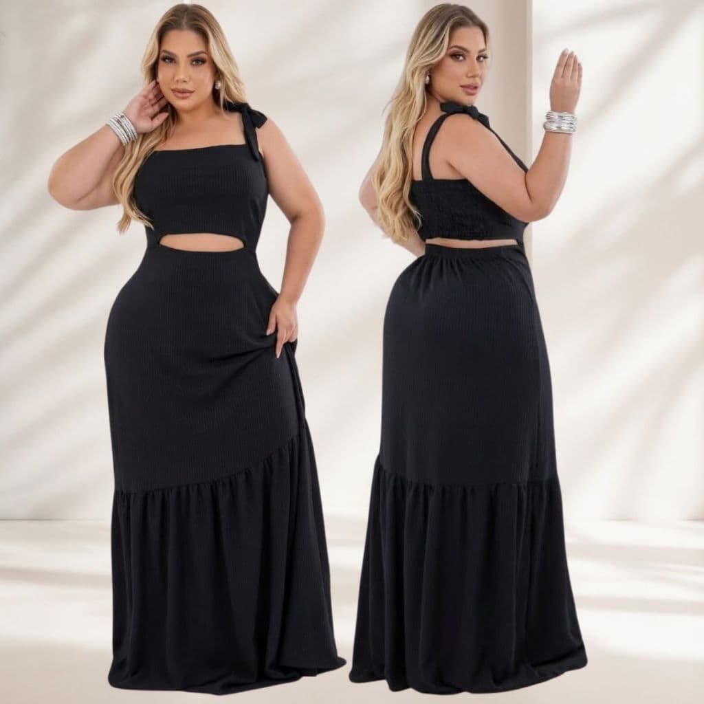 Vestido Longo Plus Size Chic alça amarrar recorte na cintura soltinho  lastex nas costas e 1 maria moda casual elegante.