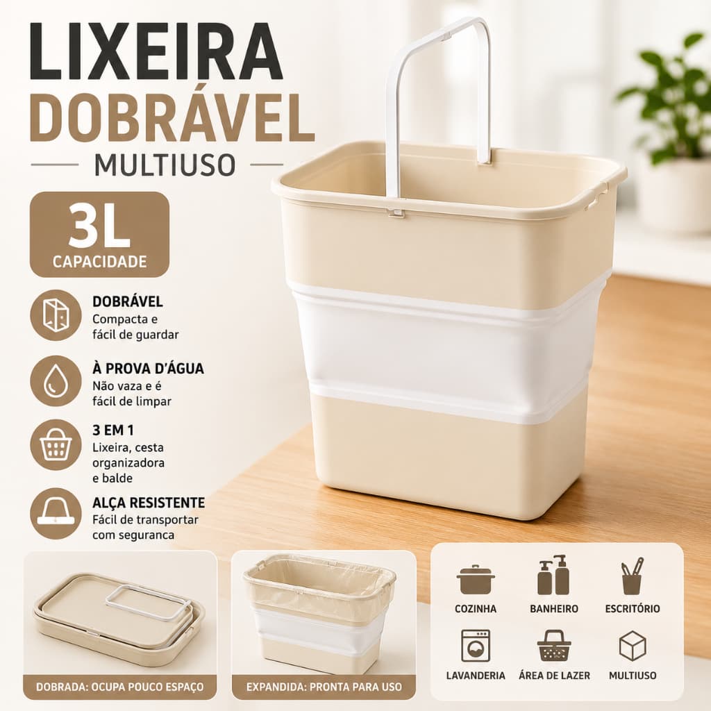Lixeira Dobrável 3L Multiuso para Casa Cozinha Banheiro Escritório Organizador Flexível