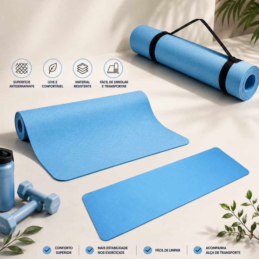 Tapete Esportivo Yoga Pilates Grande Antiderrapante Alça Plus