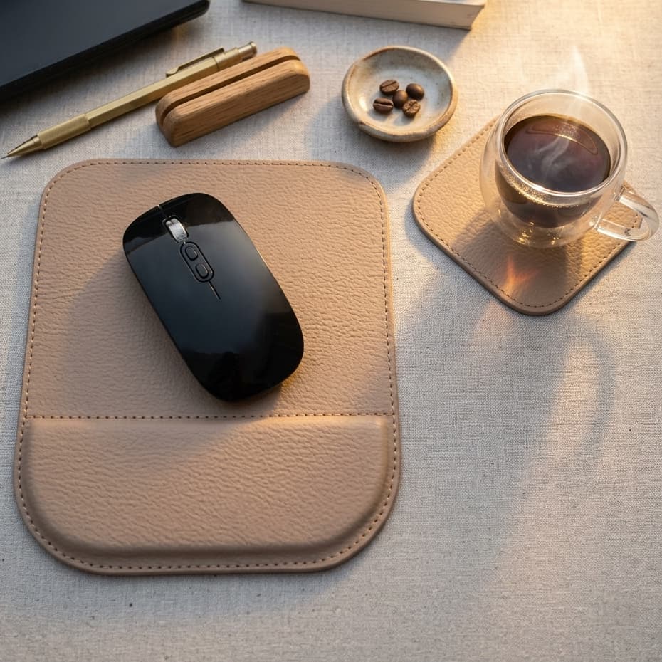 Kit Mouse Pad + Porta Copos em Couro Ecológico Decoração Para Escritório Home Office