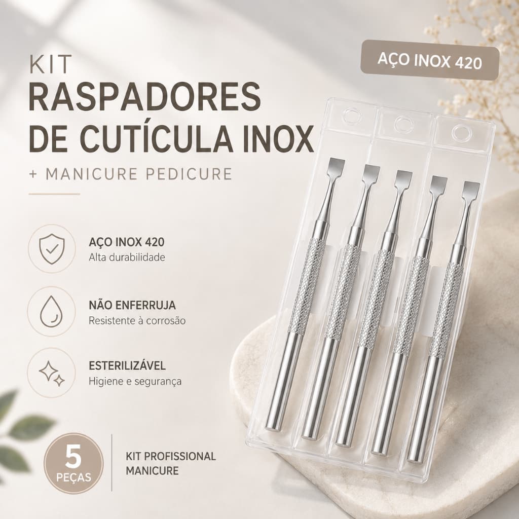 Raspador Cutícula Profissional Inox Kit 5 Espátulas Manicure Pedicure Esterilizável