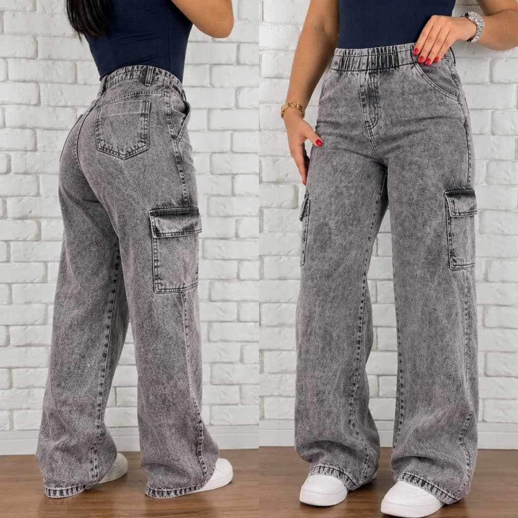 Calça Cargo Jeans Feminina Widi Leg 6 Bolsos Lateral Confortavel Casual Tendencia Festas Blogueira