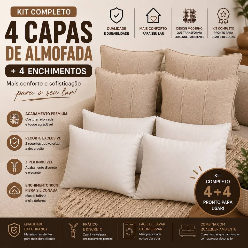 Kit 4 Capas + 4 Enchimento Refil Luxo Suede Premium 45x45cm Para Sala Sofá Quarto Envio Imediato
