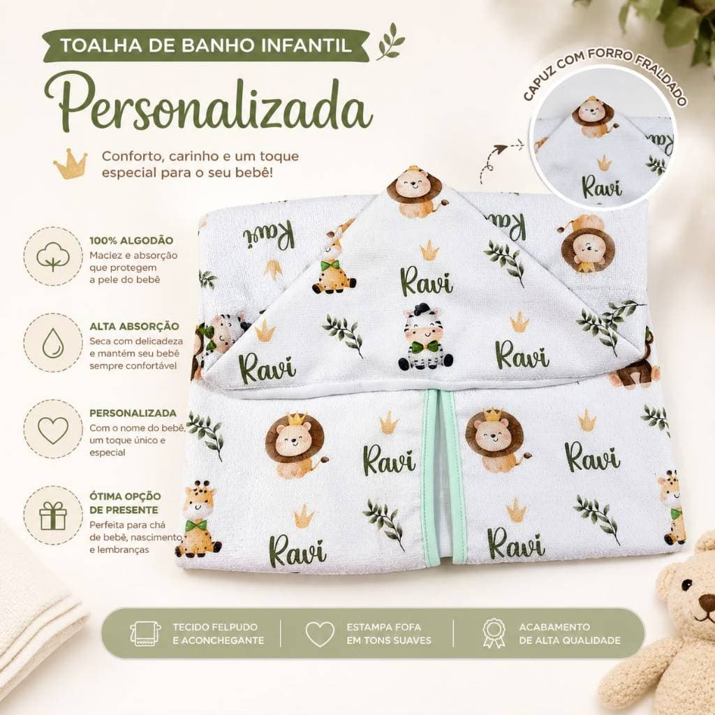 Toalha de Banho Para Bebê Personalizada com Capuz Toalha Para Bebê Toalha Forrada Com Fralda 100%Algodão