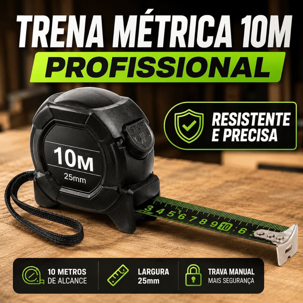 Trena Métrica 10 Metros Profissional Resistente Fita Verde Trava Manual