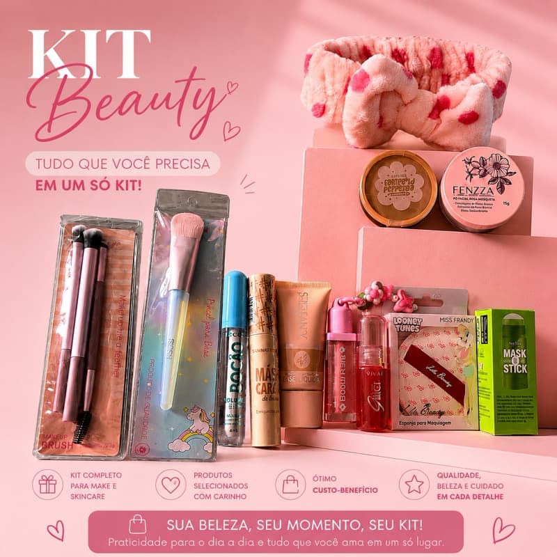 Kit Beleza Completo Make + Skincare + Acessórios