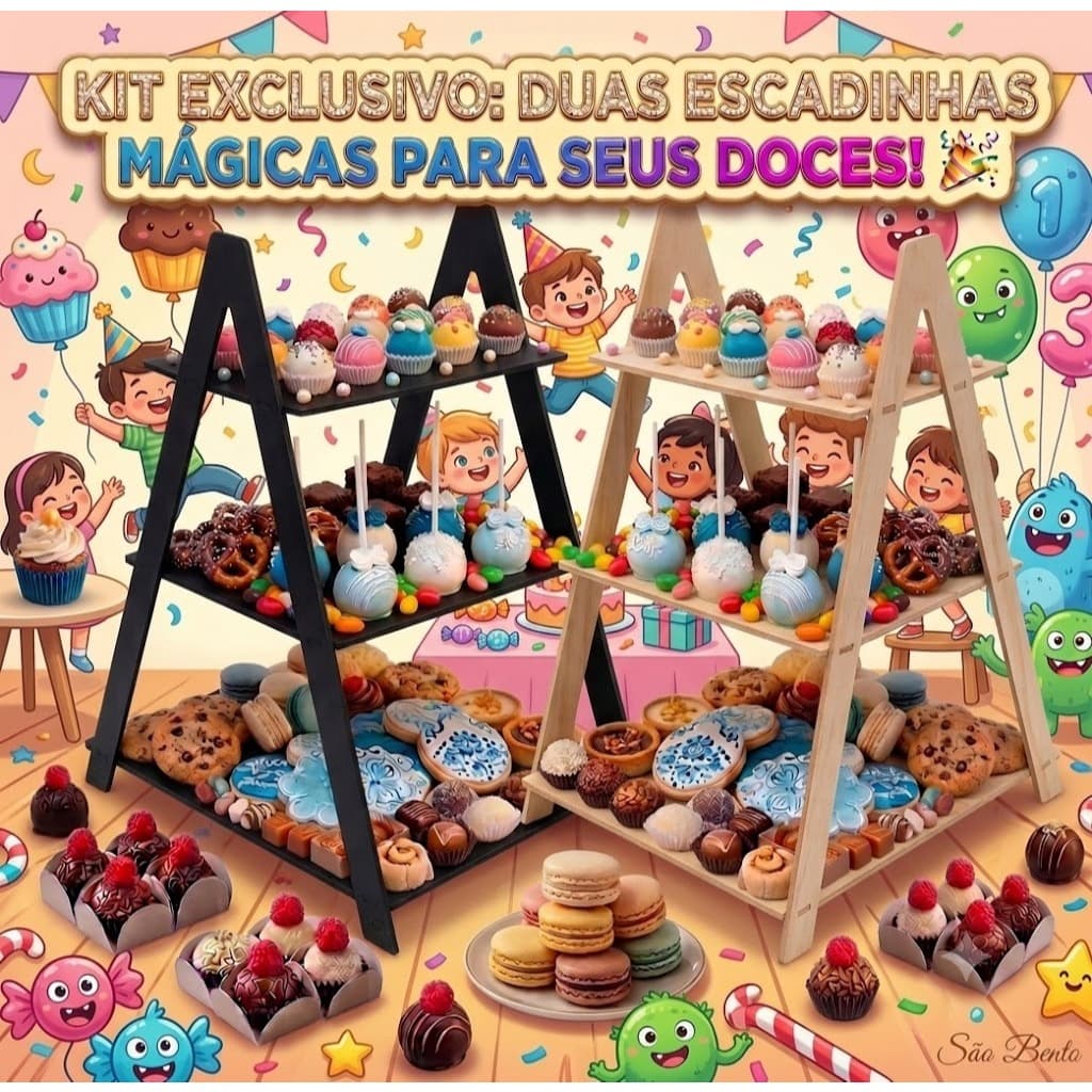 Suporte Escadinha Decorativa MDF 3 Degraus Doces Enfeite Mesa Festa Premium