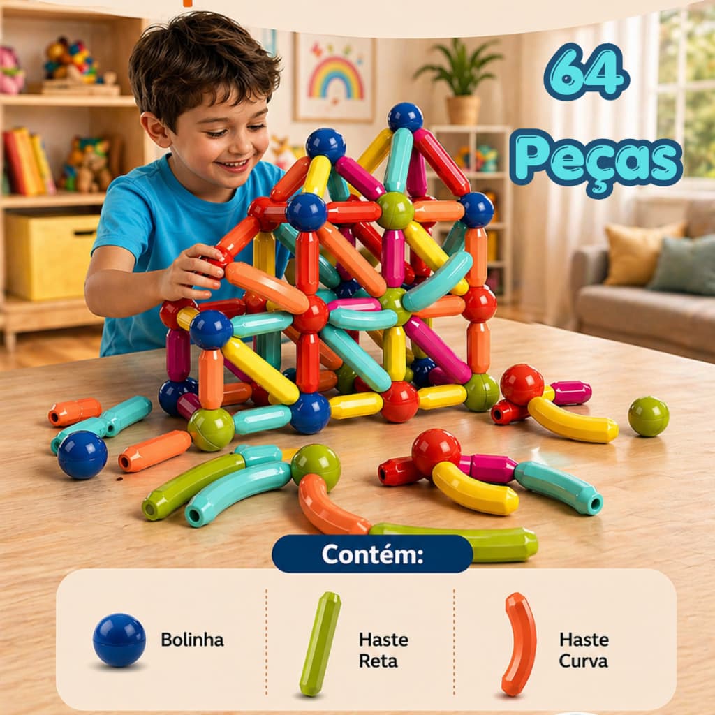Brinquedo Magnético De Montar 64 Peças Coloridas Infantil Jogo De Montar Construção Educativo