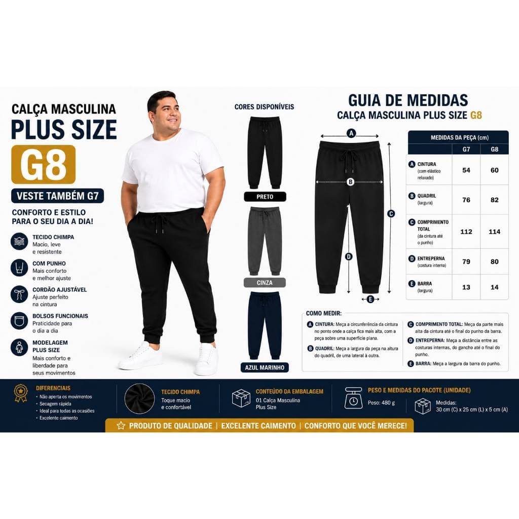 Calça Masculina Plus Size G8 Com Cordão e Bolsos