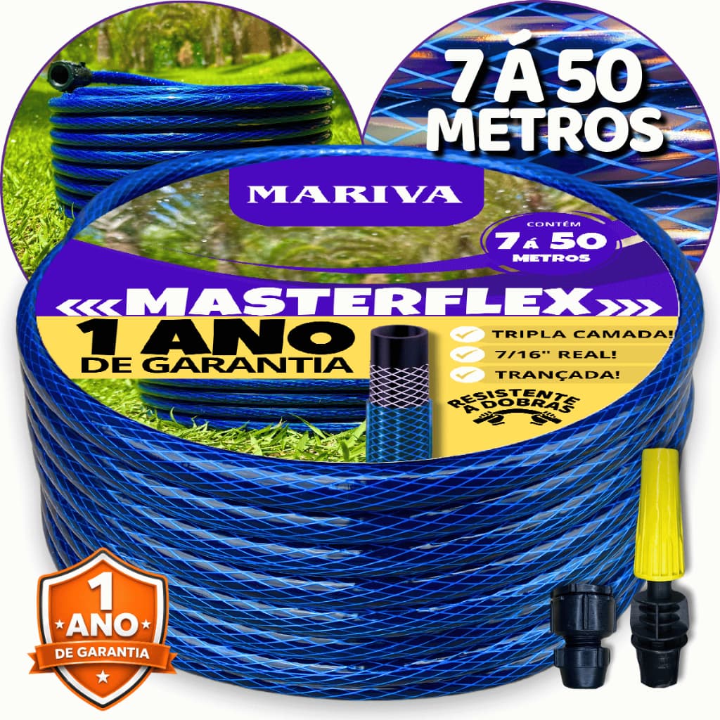 Mangueira de Jardim Trançada Azul 7/16, 7m à 50m, Reforçada, Tripla Camada, Esguicho Regulável