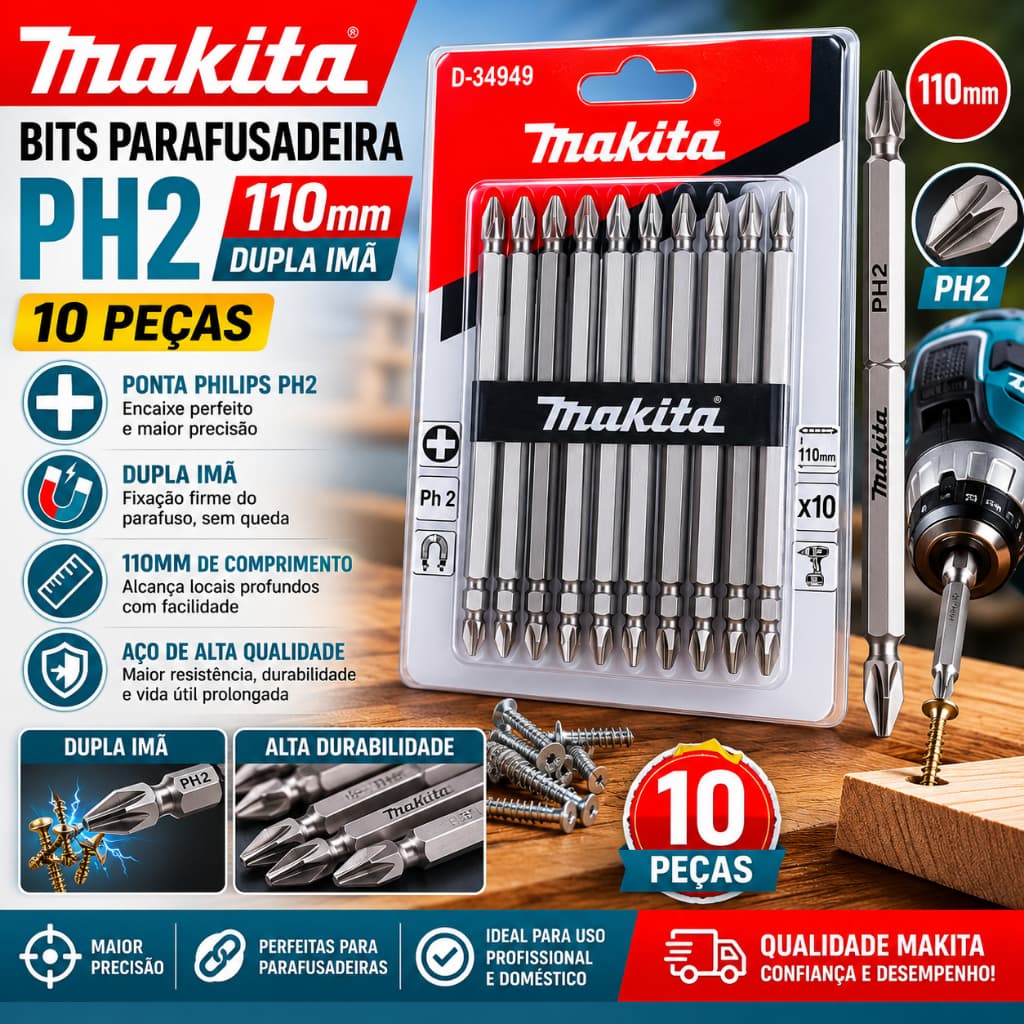 Bits Parafusadeira Philips Ph2 110mm Dupla Imã 10 Peças