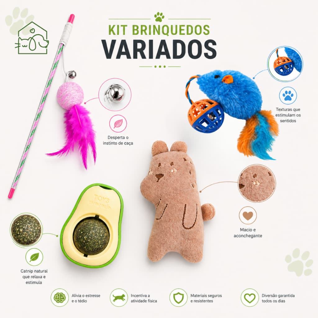 Kit Brinquedos para Gatos Varinha, Pelúcias e Catnip