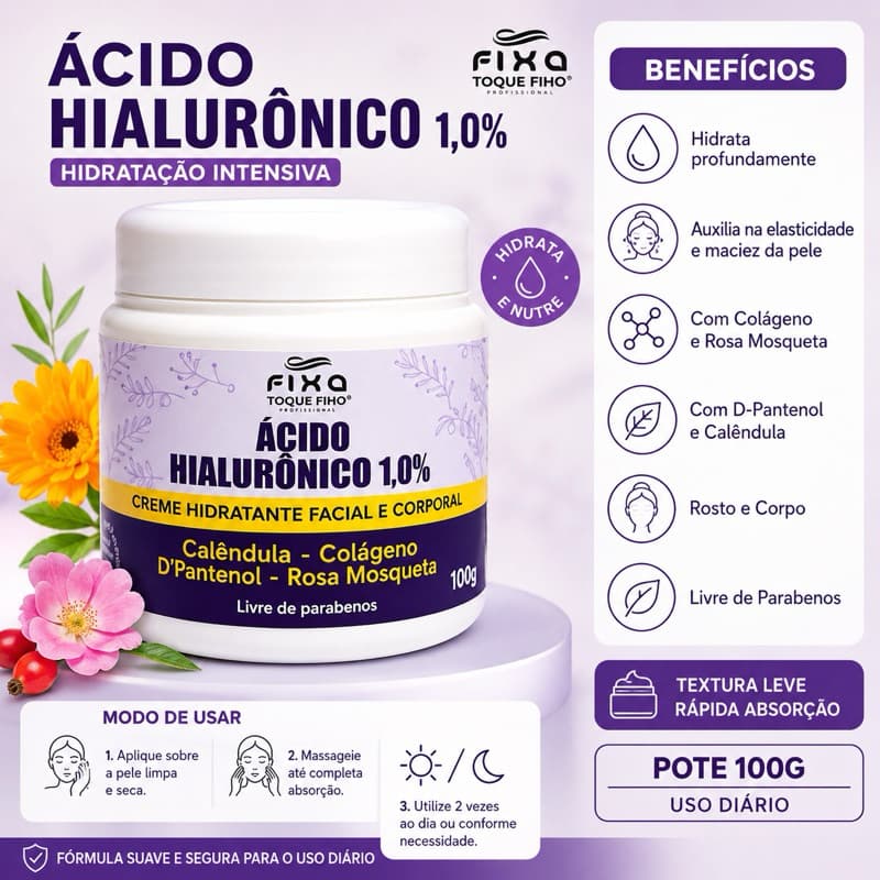 Creme Facial Ácido Hialurônico Skin Care — Hidratante para o Rosto, Linhas de Expressão e Firmeza