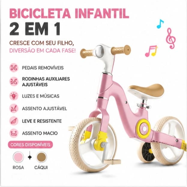 Bicicleta Infantil Evolutiva com Luz Música Pedais Removíveis Assento Regulável Rosa e Cáqui P24