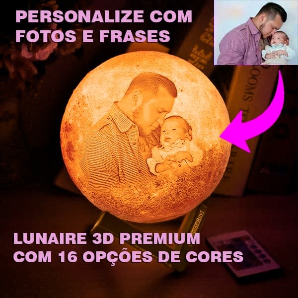 Luminária Lua 3D iluminada com foto personalizada - Lunaire 3D  - Mini Lua - Luminária com foto