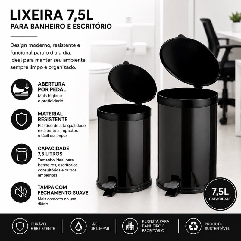 LIXEIRA BANHEIRO PEDAL 7,5 LITROS PLASTICO CESTO ESCRITORIO COZINHA E BANHEIRO