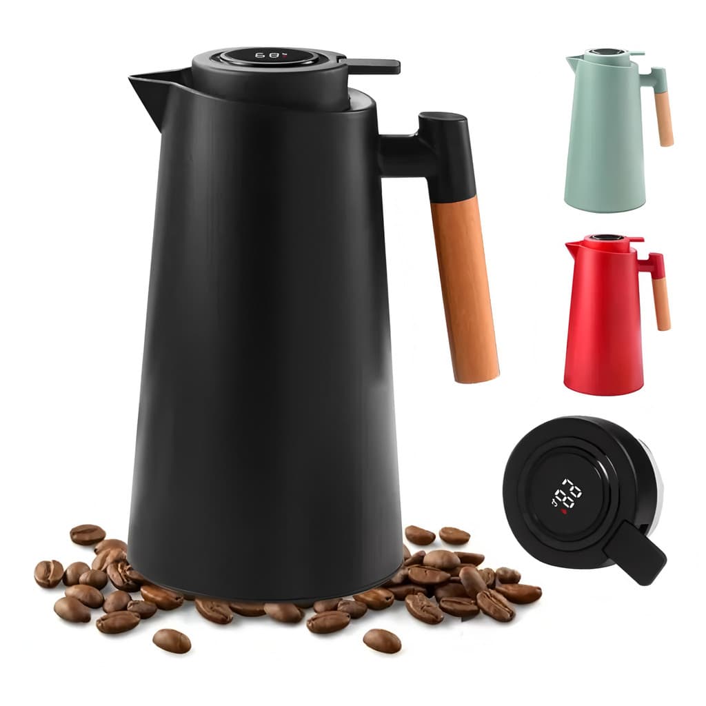 Jarra Termica Garrafa Cafe Com Termometro Cabo De Madeira