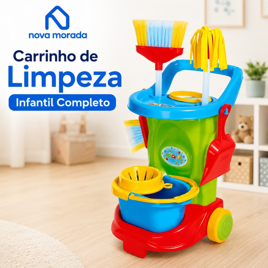 Carrinho de Limpeza Infantil Completo Kit Vassoura Balde Pá Esfregão Brinquedo Faz de Conta
