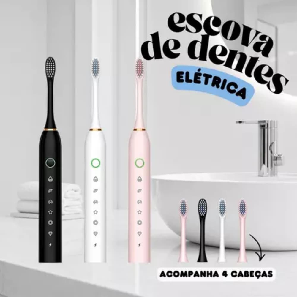 Escova De Dente Elétrica Sônica Recarregável 6 Modos 4 Refis Prova d'Água