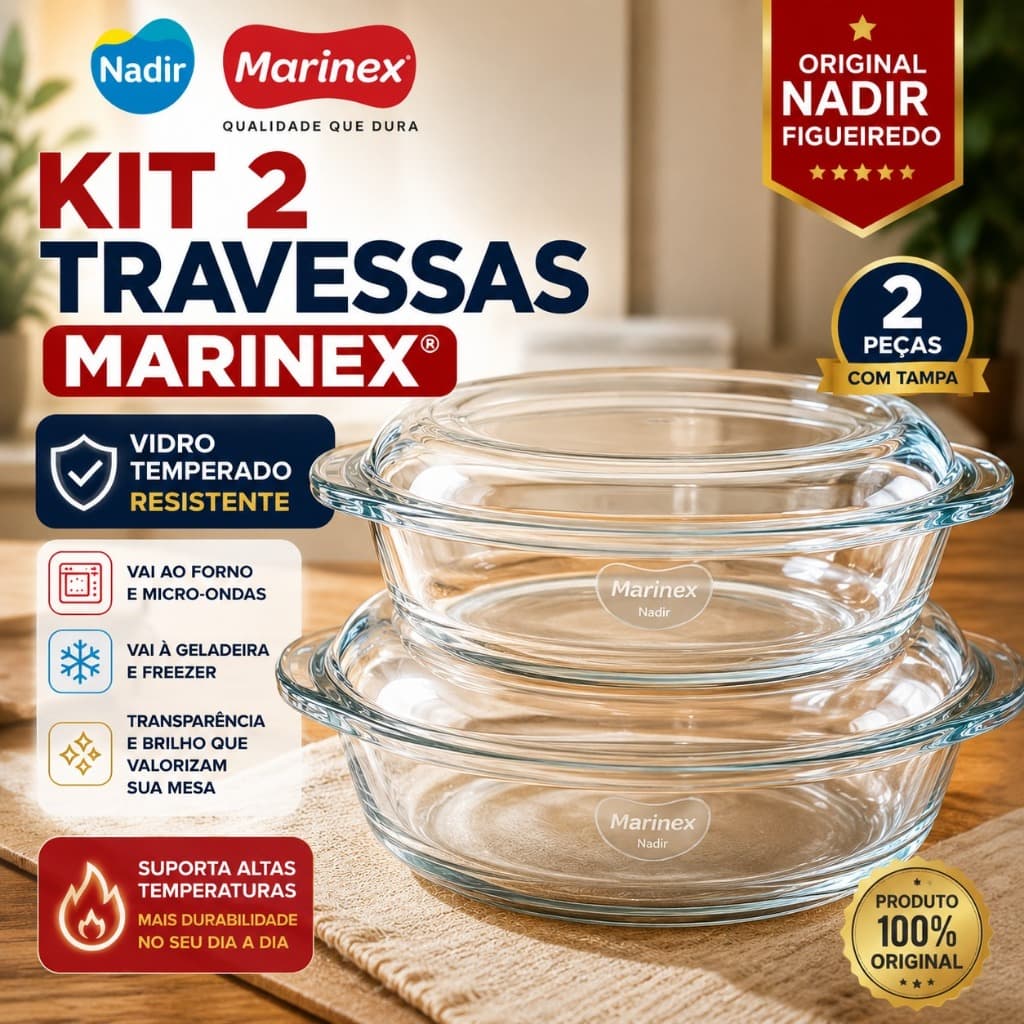 Kit 2 Travessas Marinex Vidro Temperado com Tampa Assadeira Refratário Redonda Forno 2,3L e 2,8L