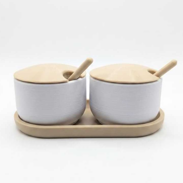 Kit Saleiro E Açucareiro Ou Pimenteiro C/ Tampa E Colheres Branco e Bege Plástico PETG