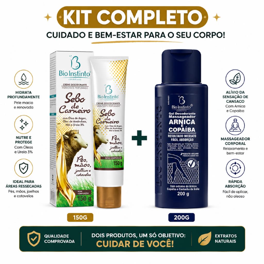 Kit Arnica + Sebo de Carneiro | Gel Alívio Dores 200g + Creme Hidratante Pés e Mãos 150g