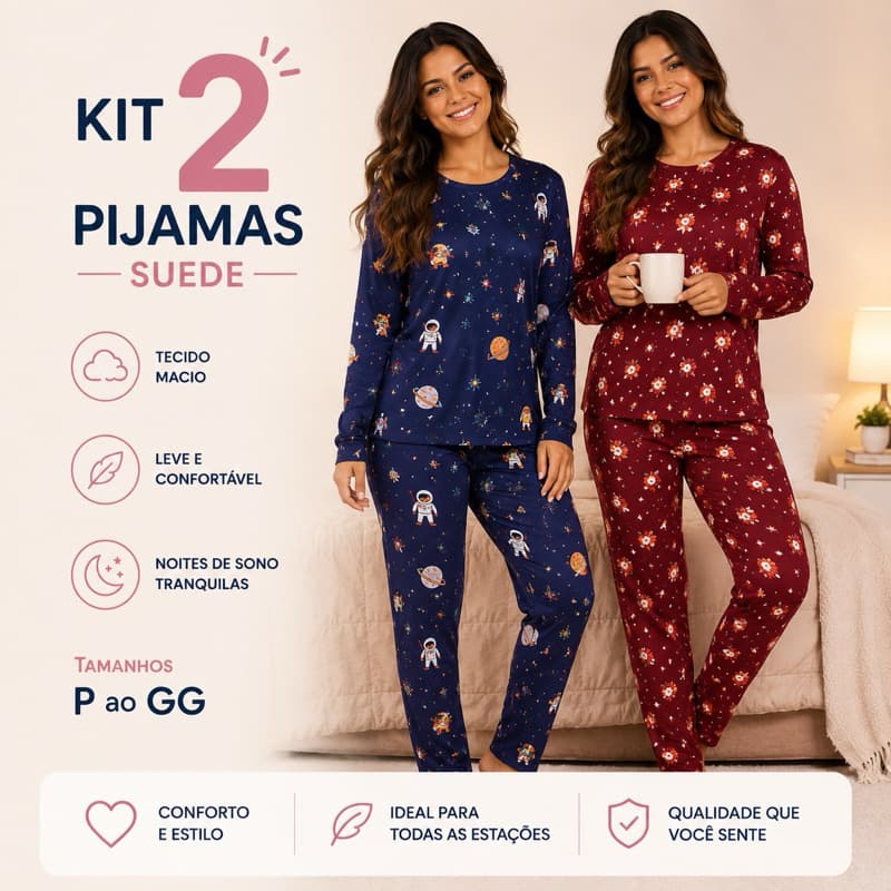 kit 2 Pijama Conjunto Feminino Premium Inverno Manga Longa e Calça Suede Macio Confortável Frio