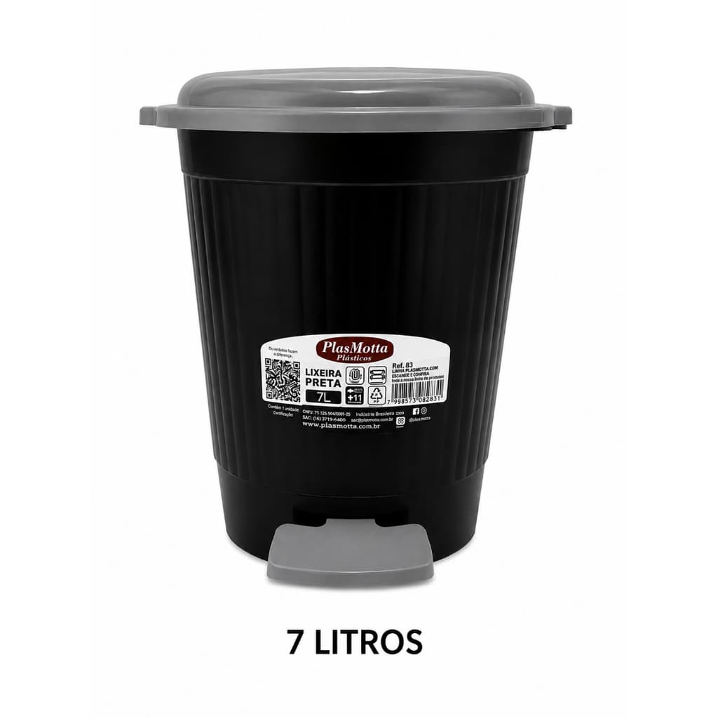 Lixeira 7L Com Pedal Preto Plástico -Redonda -Compacto- Multiuso –Cozinha- Banheiro-Escritório