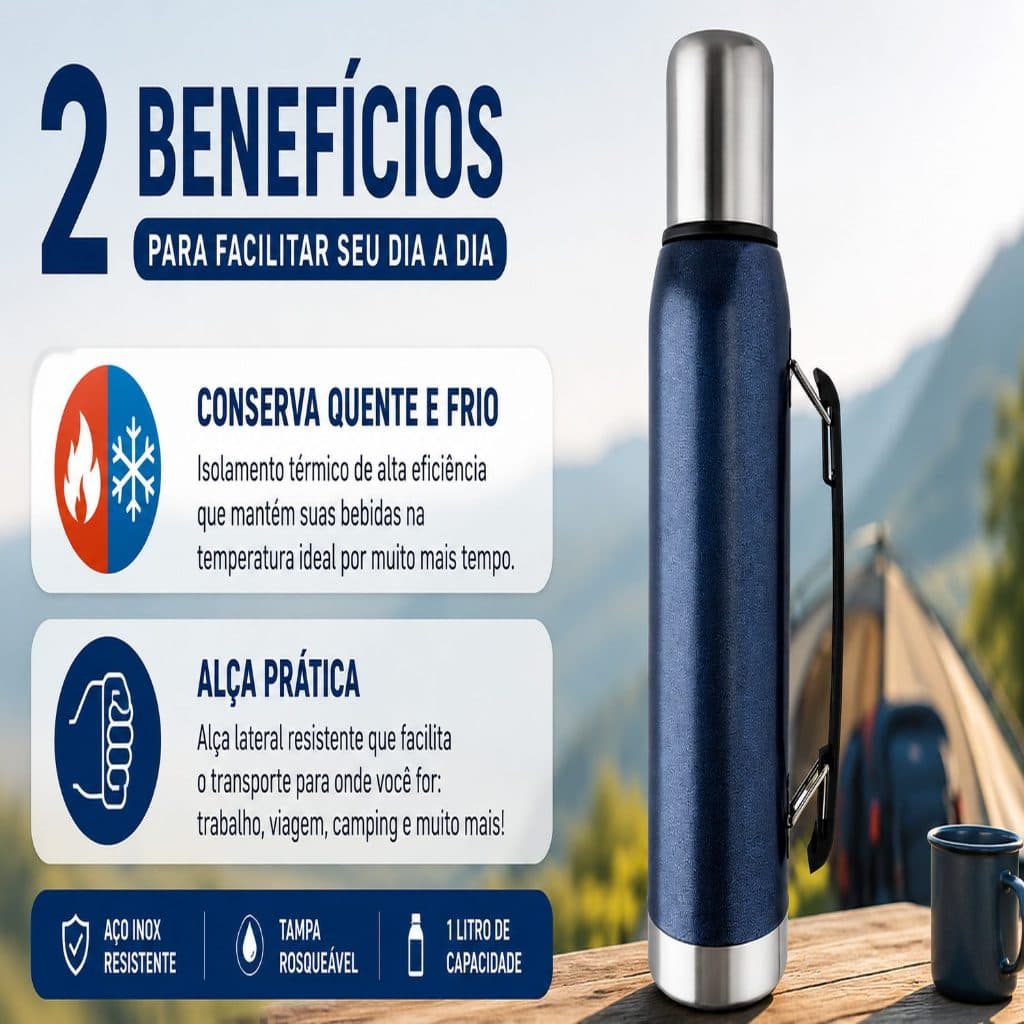 Garrafa Térmica Inox 1 Litro Com Alça Quente e Frio Camping Viagem Escritório