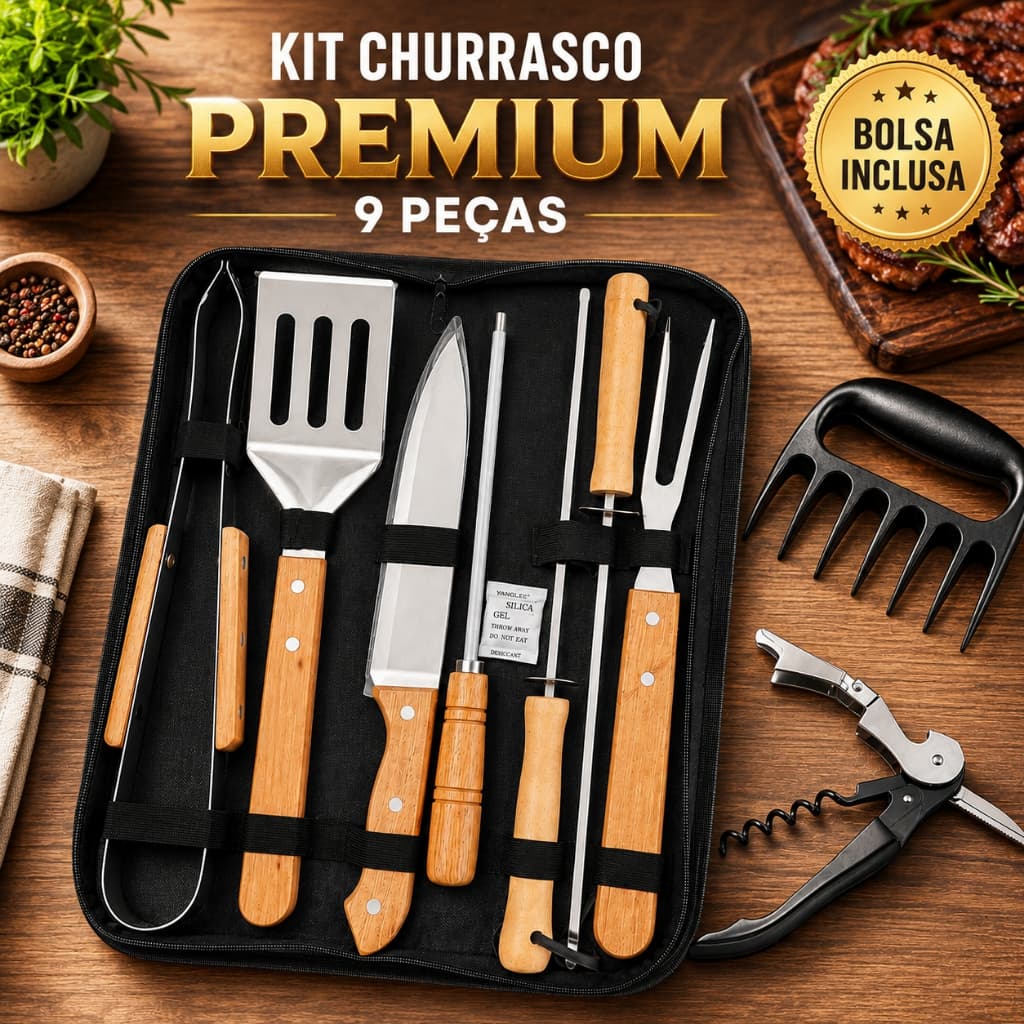 Kit Churrasco 7 Peças Aço Inoxidável + Bolsa + Garra de Urso e Abridor Premium Durável