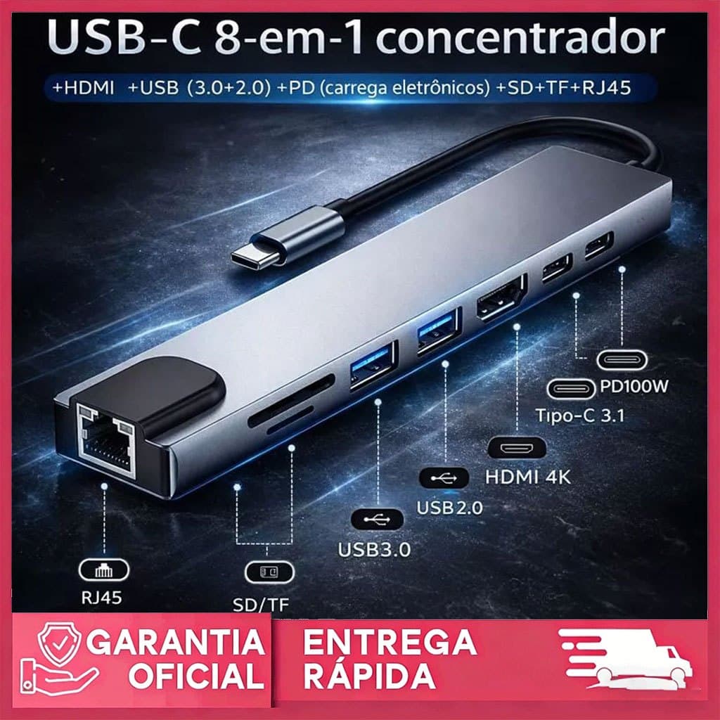 8 em 1 Hub USB-C USB 2.0/3.0 HDMI 4K RJ45 Rede SD TF Docking Station Extensão Alta Velocidade