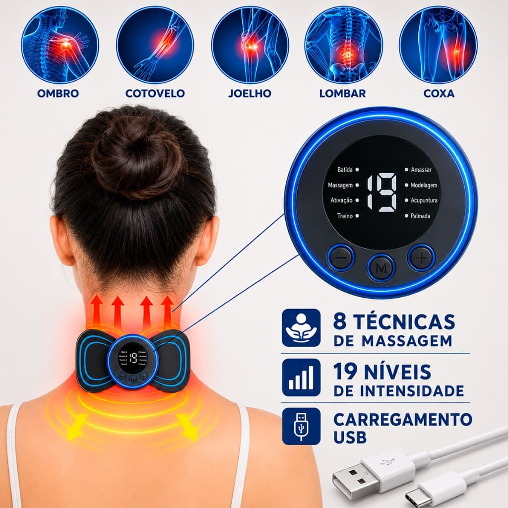 Massageador Relaxante Portátil para Corpo e Pescoço, 8 Modos e 19 Intensidades