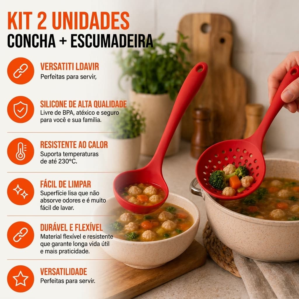 kit Concha e Escumadeira de Silicone - Vermelha Praticidade e Segurança no Preparo de alimentos.