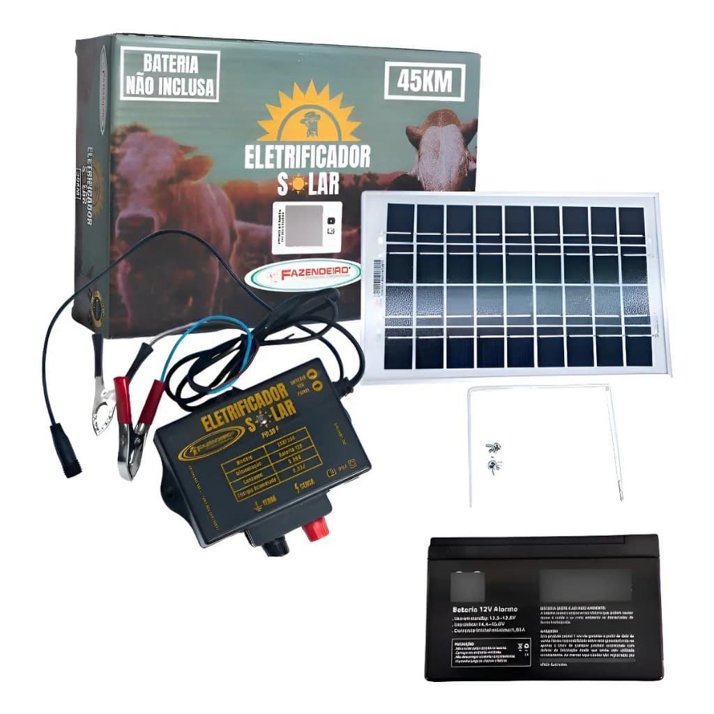 Cerca Elétrica Rural Eletrificador 45km Solar Com Bateria Fazendeiro