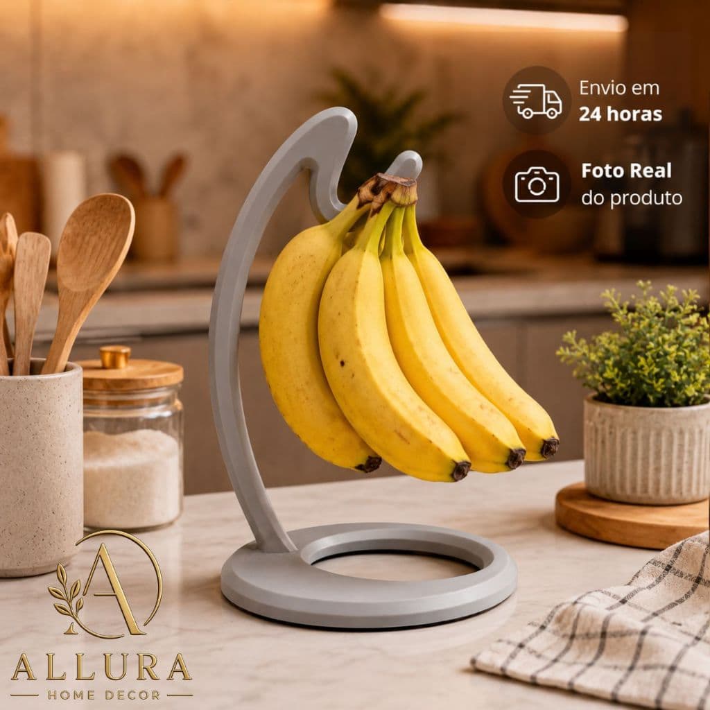Suporte Para Banana Cinza Porta Banana Fruteira de Mesa Organizador de Frutas Cozinha Decorativa 26cm