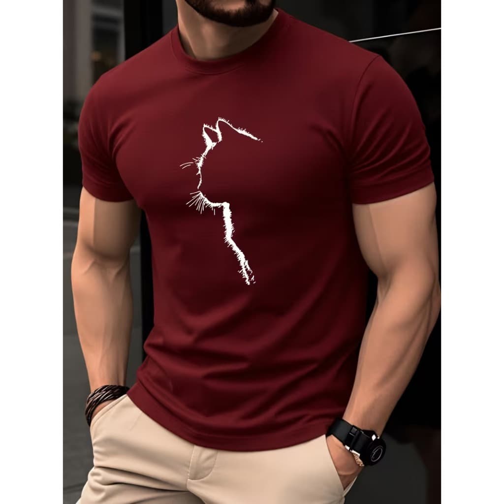 Camiseta 100% Algodão Gato Masculina Confortável E Respirável  Para Uso Diário Casual