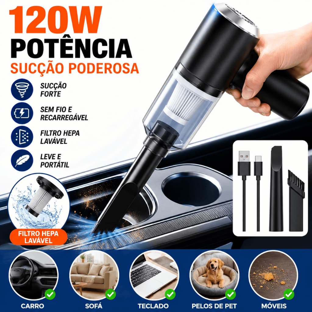 Mini Aspirador Portátil 3 em 1 Sem Fio para Carro e Casa Recarregável