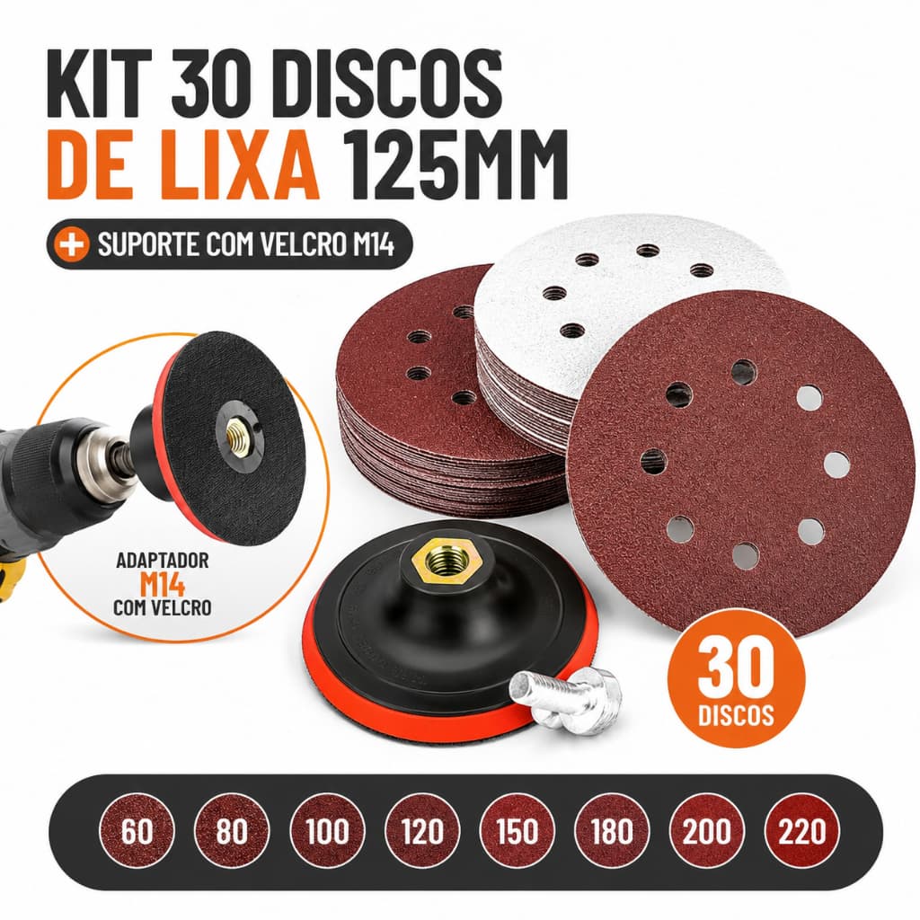 Kit 30 Discos de Lixa Orbital 125mm Grão 60 a 220 + Adaptador Velcro M14 Furadeira Parafusadeira