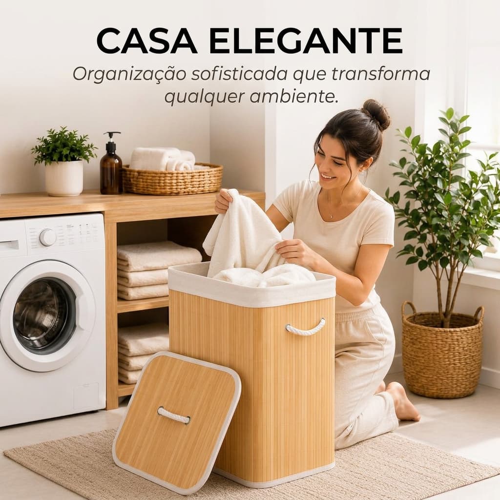 Cesto Organizador De Bambu 70 Litros Com Tampa E Alças Para Roupa Suja Lavanderia Banheiro