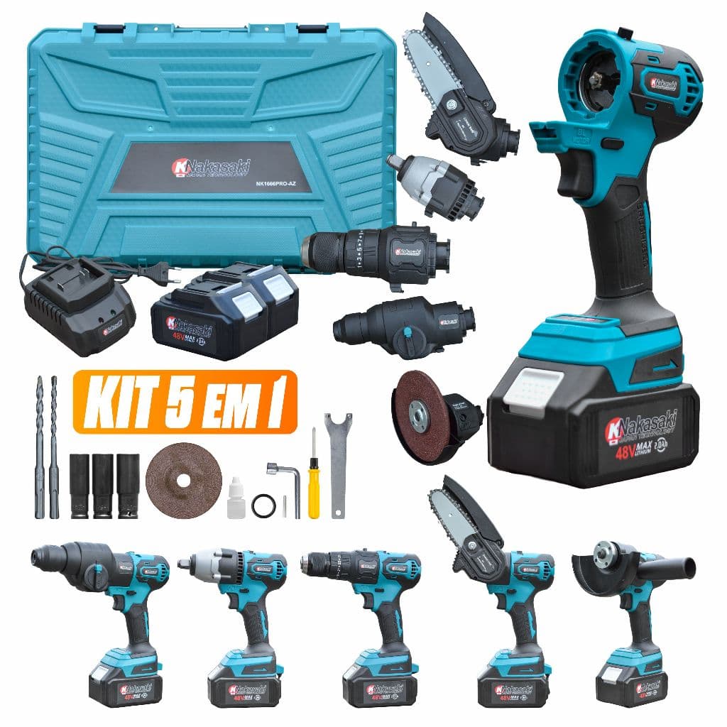 Kit 5 Em 1 Ferramentas A Bateria 48v Nakasaki Brushless Martelete Furadeira Esmerilhadeira Motosserra Chave de Impacto
