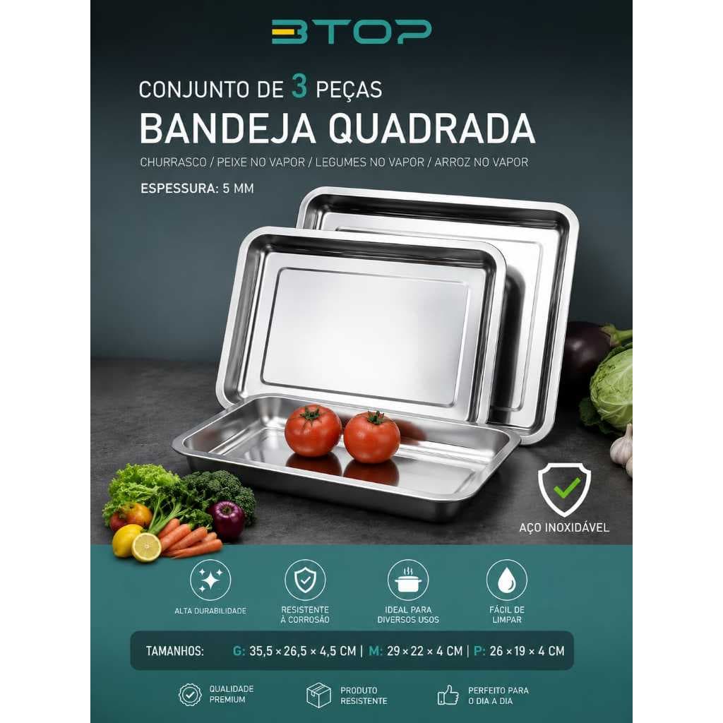 Kit 3 Bandejas Inox Retangular/Quadrada Aço Inoxidável Assadeira Multiuso Resistente Forno Churrasco Cozinha