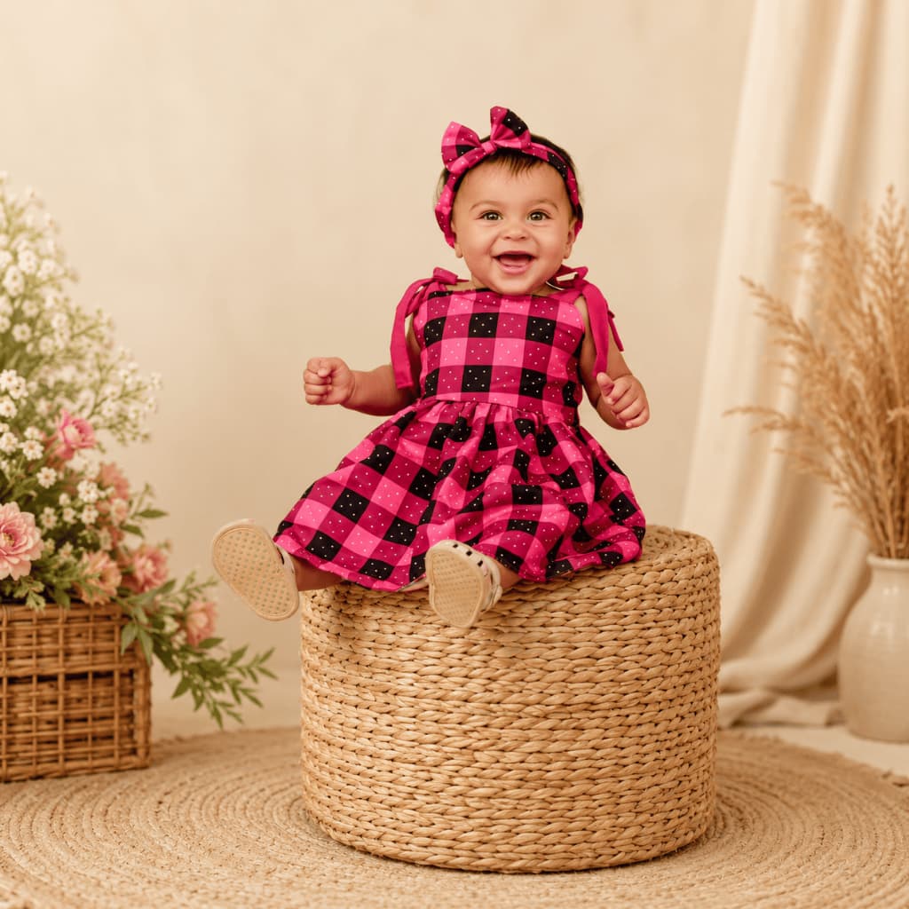 Vestido Infantil Xadrez com Tiara | Bebê Menina Festa Passeio Conjunto Completo