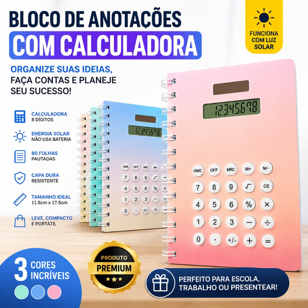 Bloco de Anotações Com Calculadora Solar 80 Folhas Capa Dura Caderno Espiral Compacto