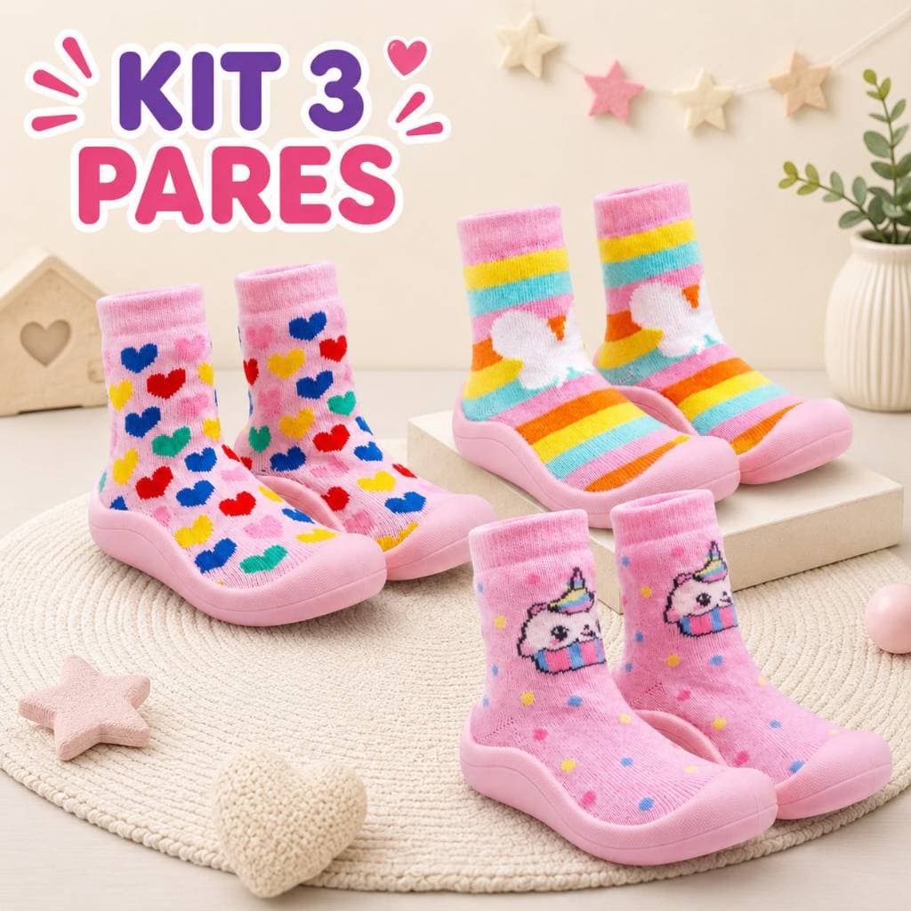 Kit 3 pares Tênis Meia infantil menina Solado Antiderrapante, flexivel e Super Confortável