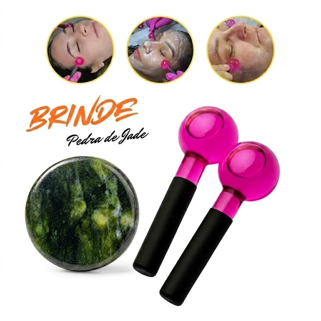 Par Esferas De Cromoterapia Pequenas Massagem Facial De Vidro - Rosa Com Pedra de Jade Verde