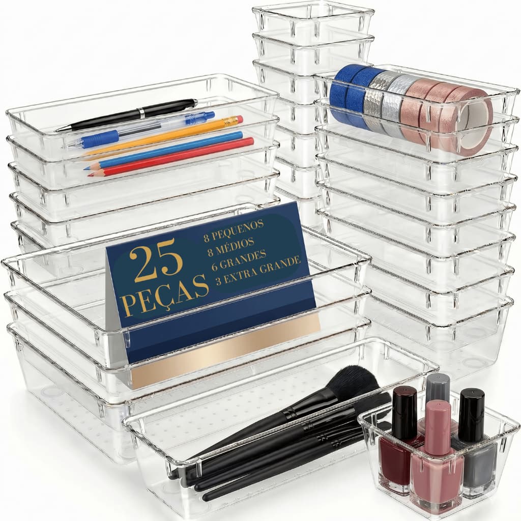 Kit com 25 Organizadores Multiuso Modulares Armários Gavetas Despensas Geladeira Lavanderia Acrílico
