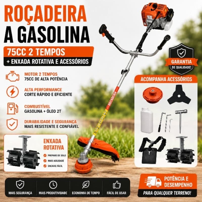 Roçadeira a Gasolina 75cc 2 Tempos + Enxada Rotativa e Acessórios